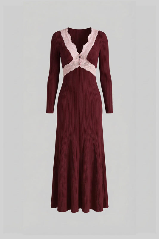 Ribbed Knit Lace Trim V-Neck Long Sleeve Midi Dress – Burgundy – view 2