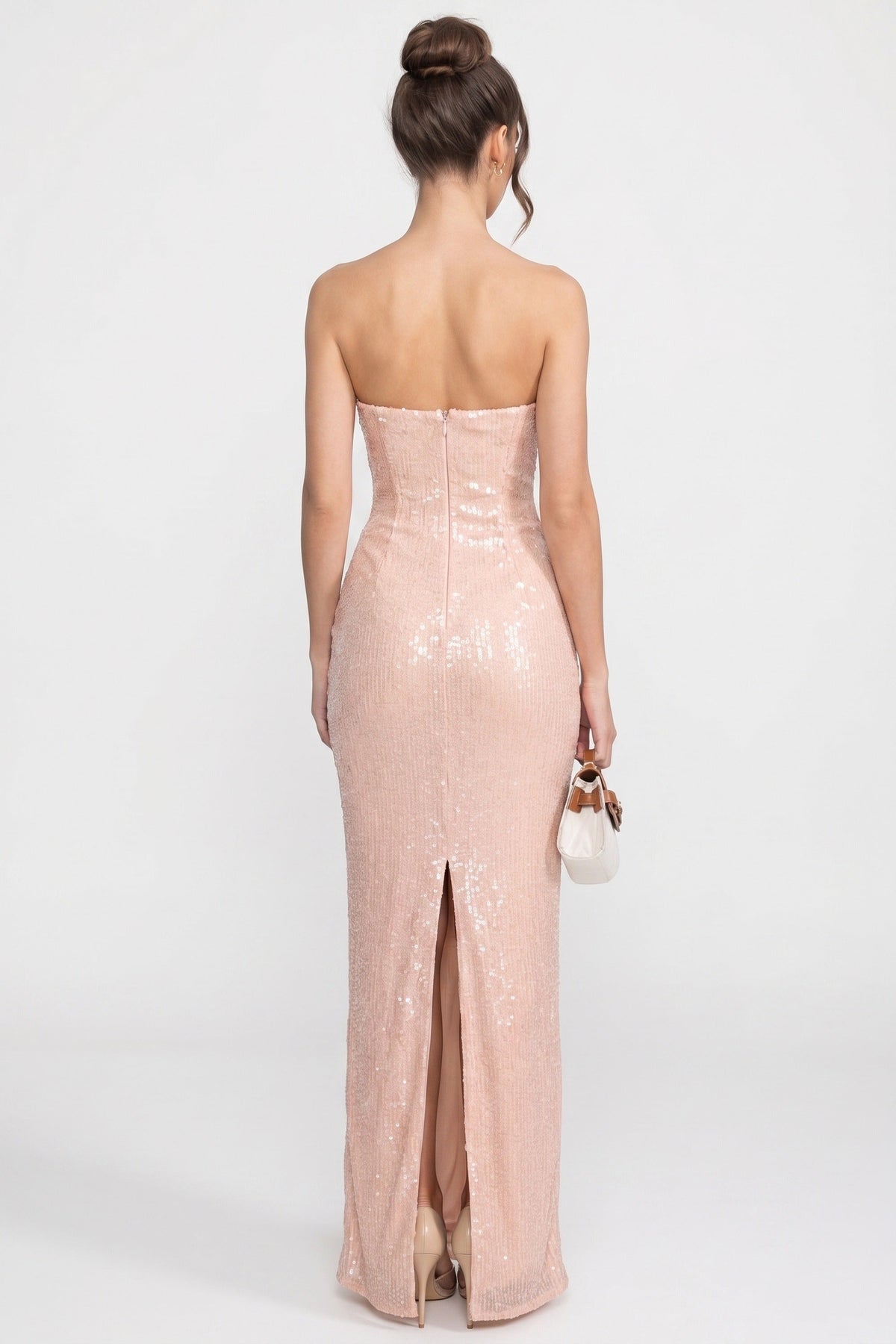 Strapless Sweetheart Sequin Mermaid Gown with Back Slit – Blush – view 8
