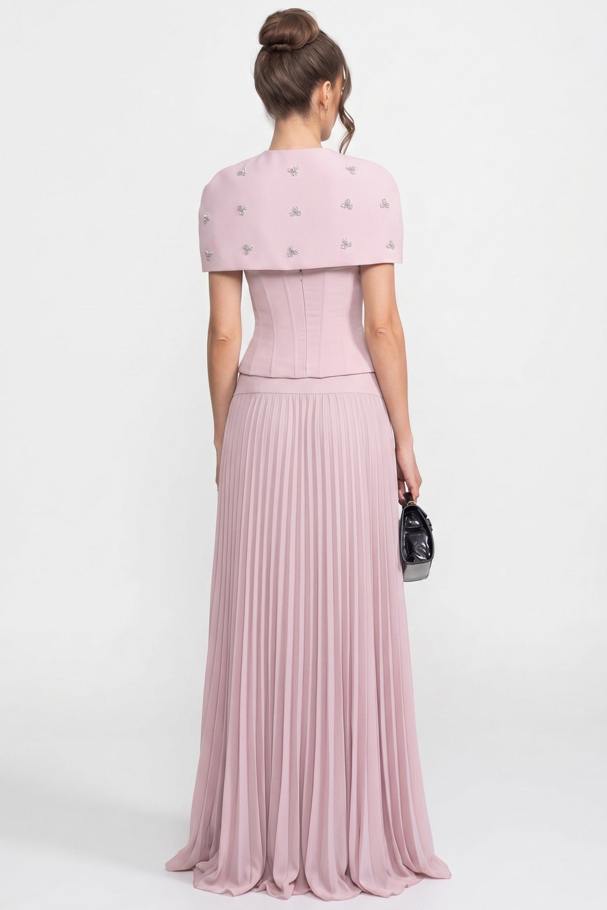 3-Piece Ruched Top, Detachable Cape and Maxi Skirt Co-ord Set – Pink