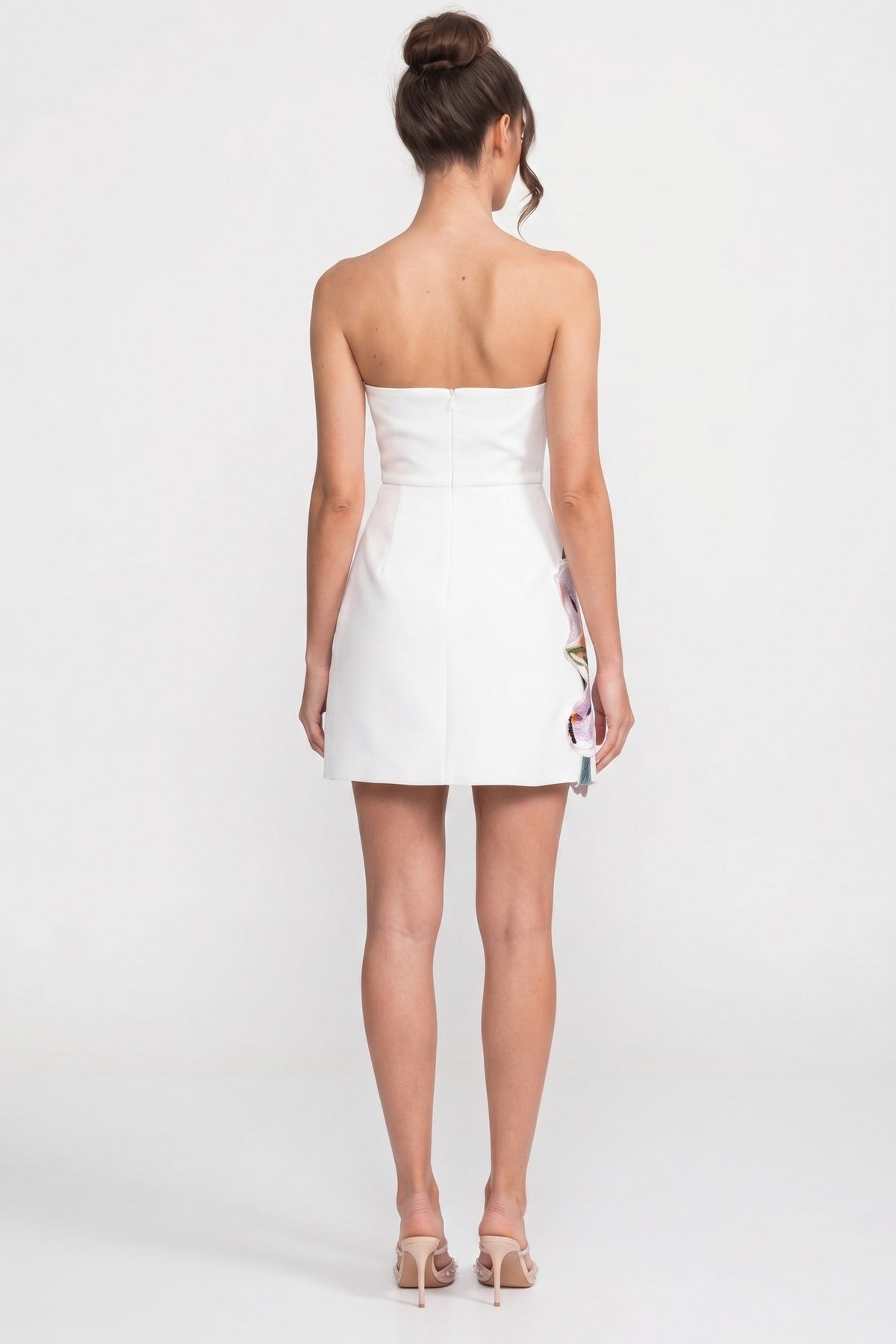 Strapless Floral Print Mini Dress with Flared A-Line Skirt – White – view 10
