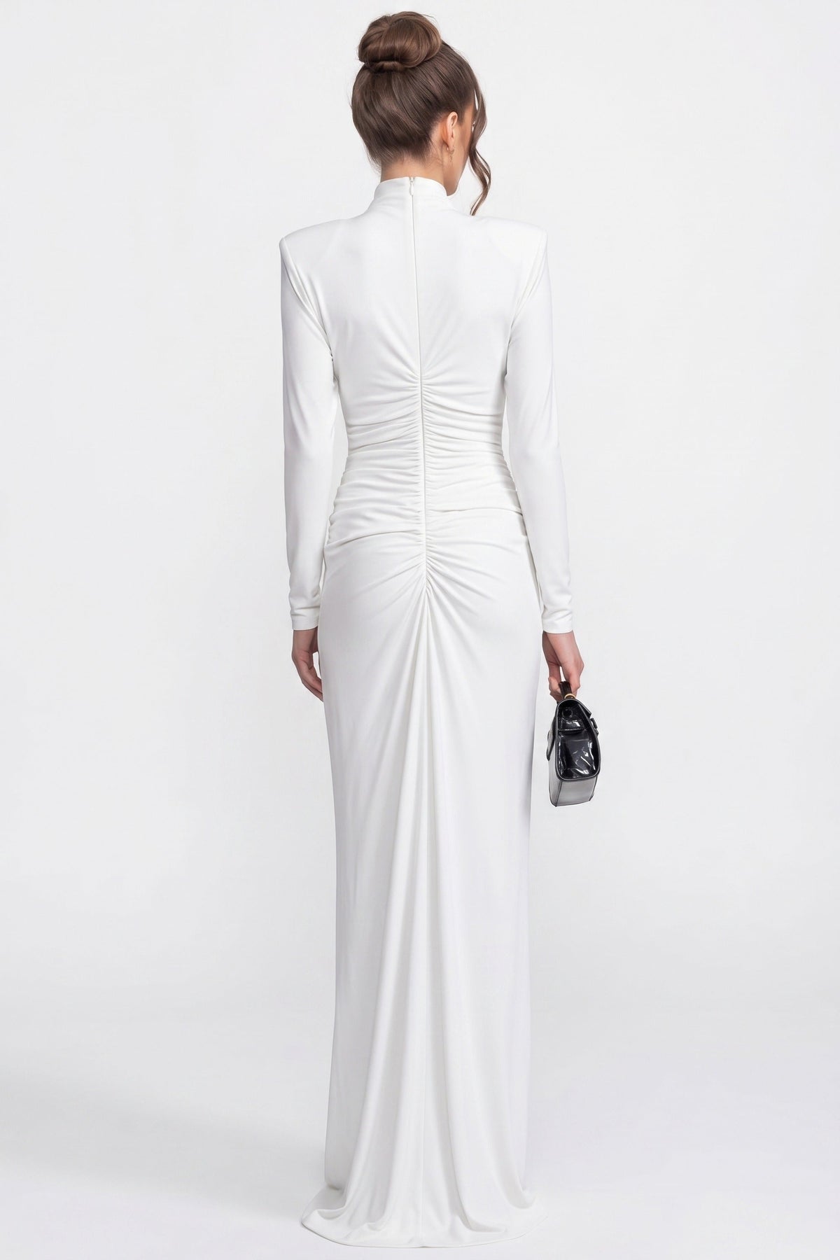 Mock Neck Long Sleeve Ruched Mermaid Gown with Train – White – view 6