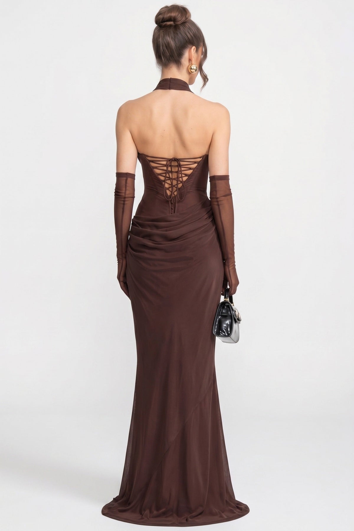 Strapless Cowl Neck Draped Maxi Gown with Sheer Scarf – Brown – view 6