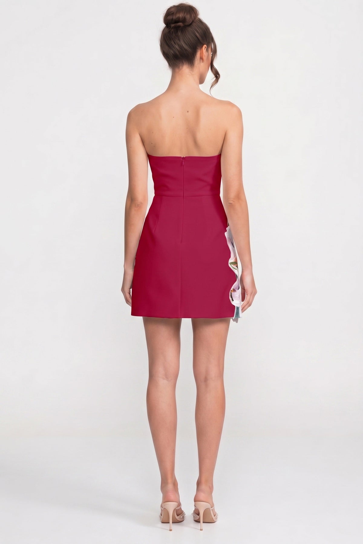 Strapless Botanical Print A-Line Mini Dress with Structured Bodice – Red – view 6