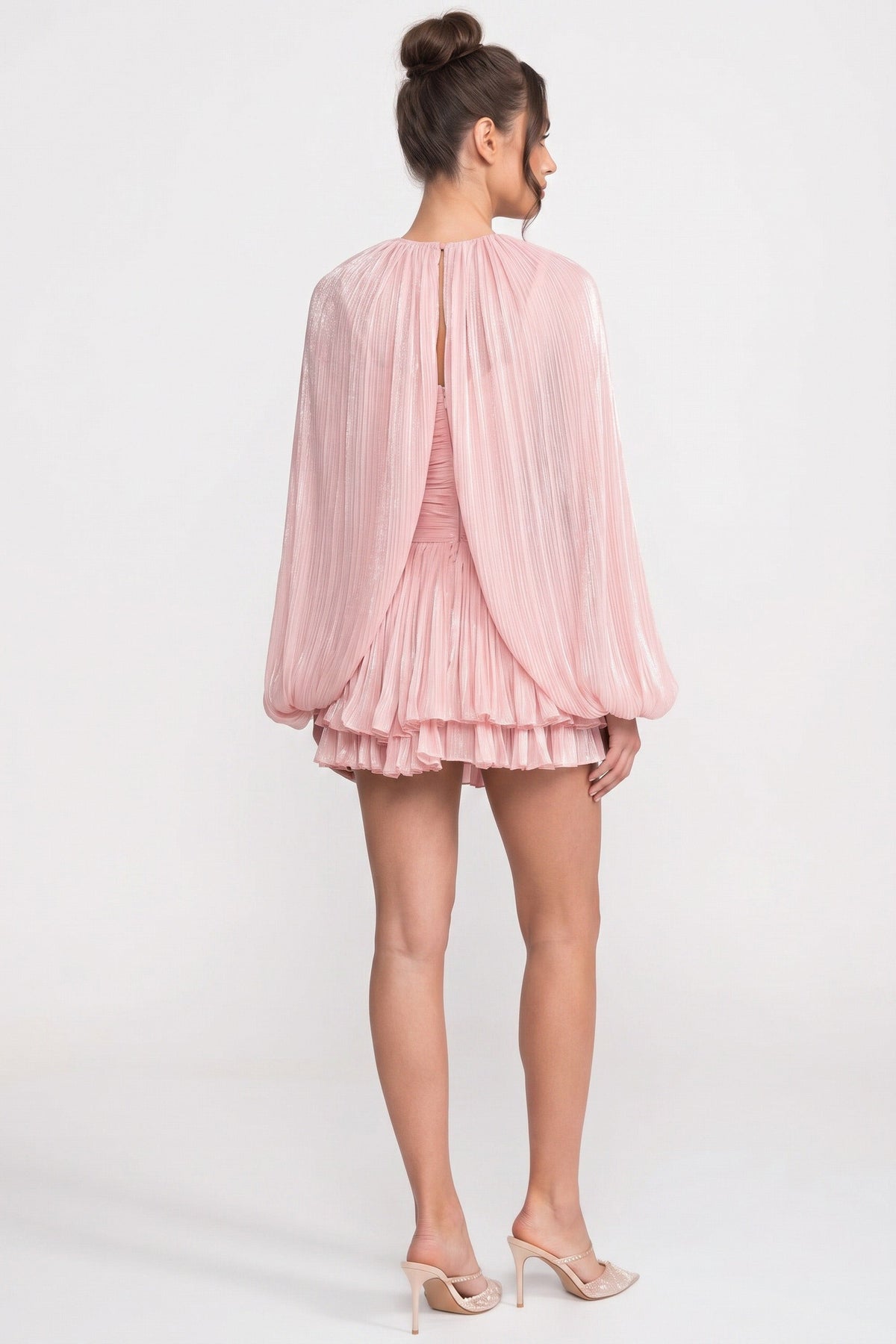 High Neck Balloon Sleeve Pleated Trapeze Mini Dress – Pink – view 10