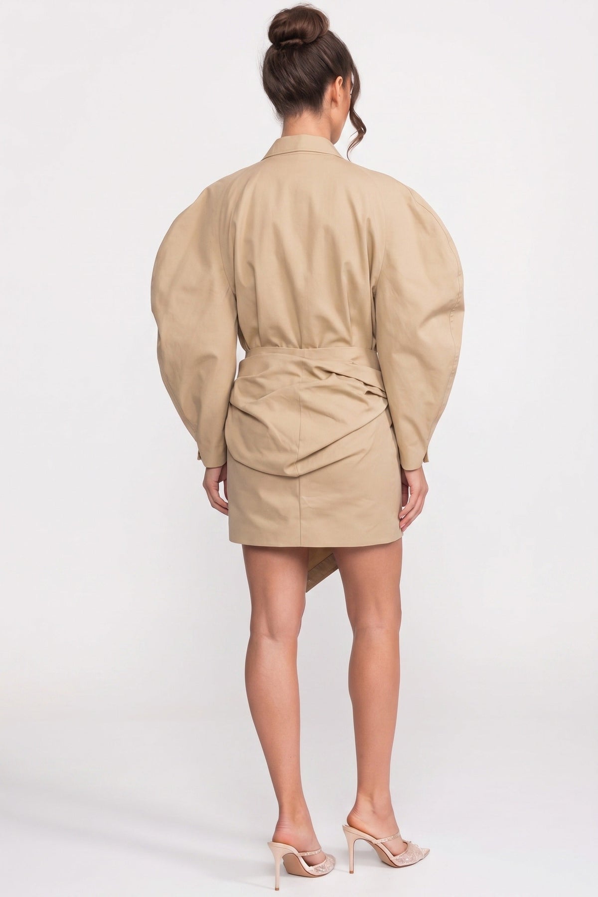 High Collar Balloon Sleeve Belted Jacket with Asymmetric Hem – Beige – view 4