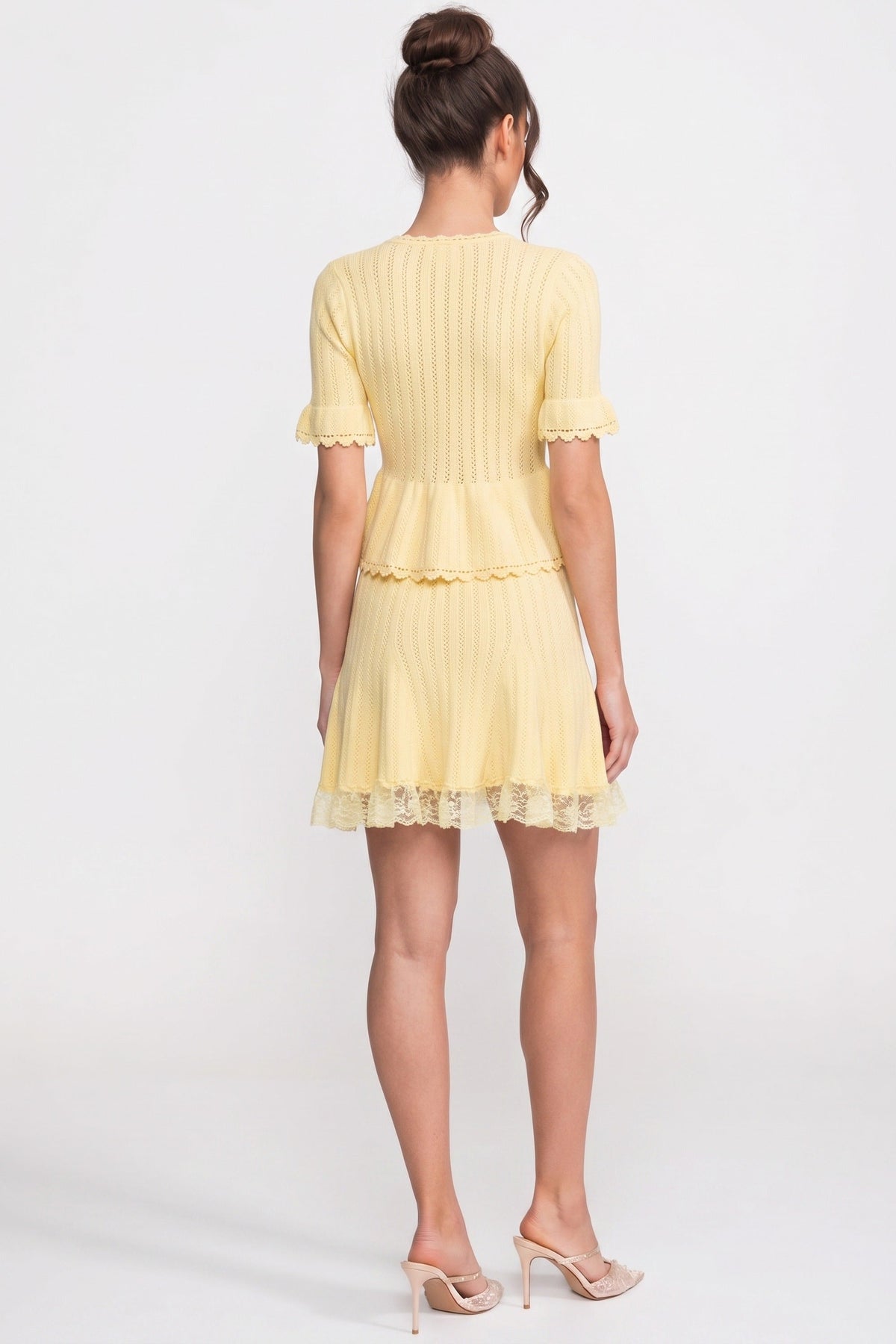 Peter Pan Collar Knit Peplum Top and Mini Skirt Set with Lace Hem – Yellow – view 9