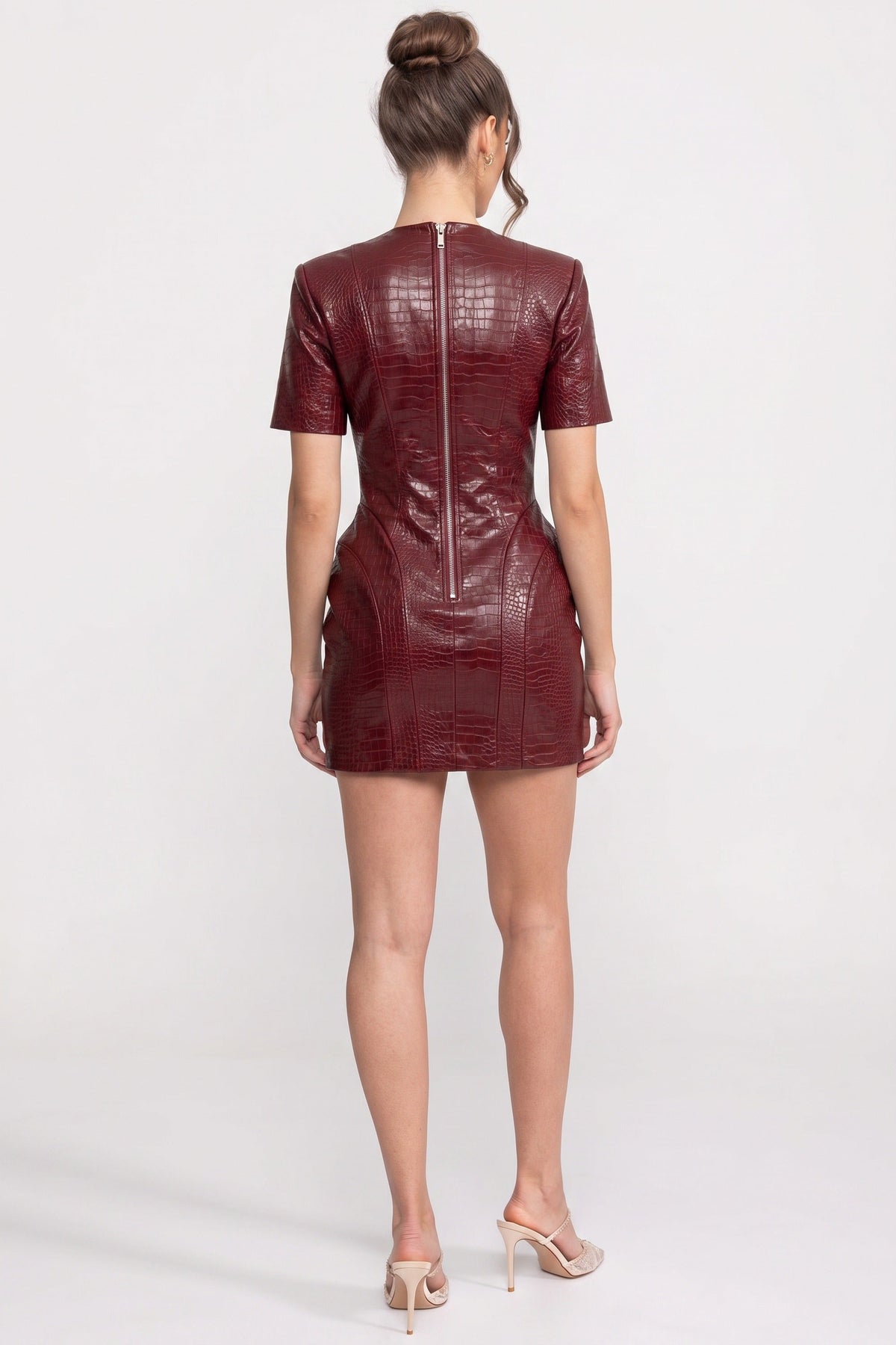 Croc-Effect Sweetheart Mini Dress with Gold Button Front – Red – view 4