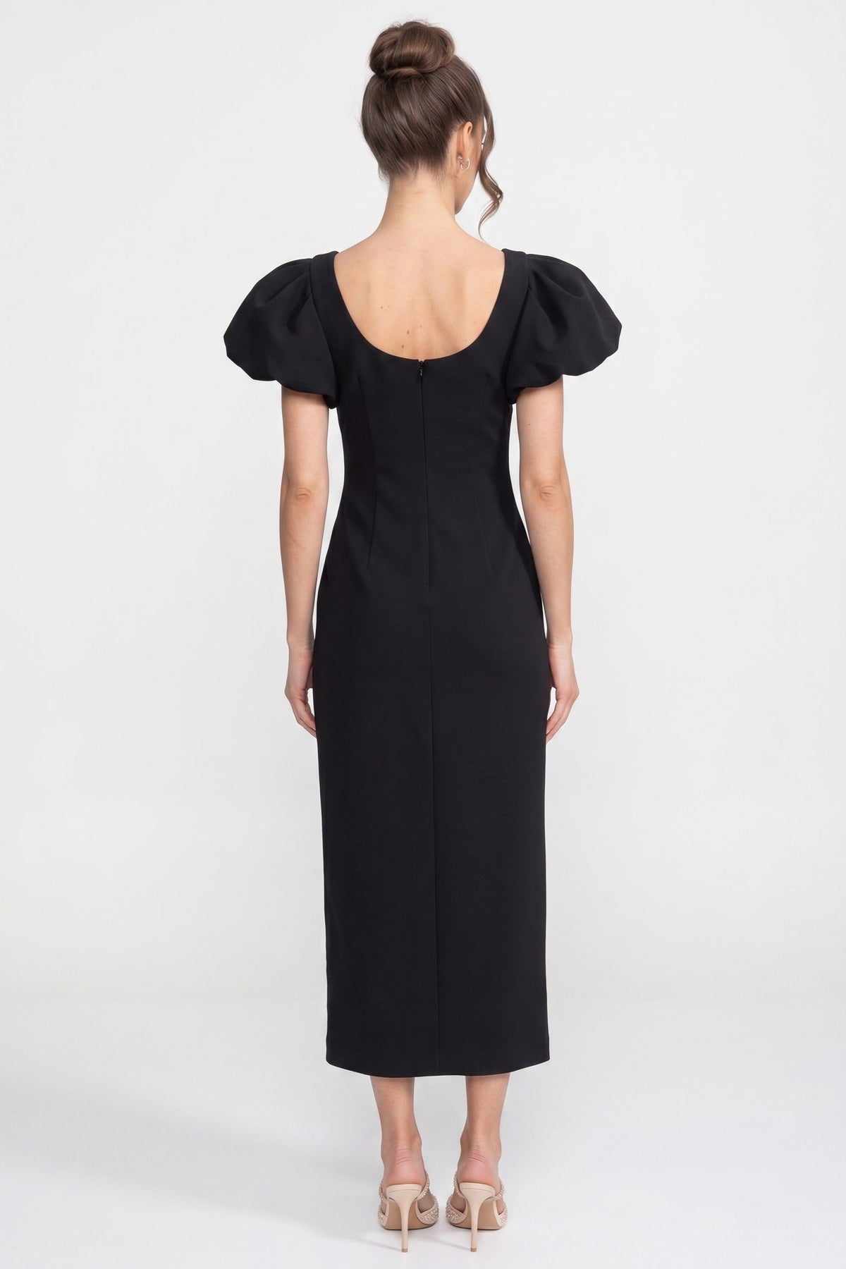 Sculptural Shoulder Column Maxi Dress with 3D Iris Appliqué – Black – view 6