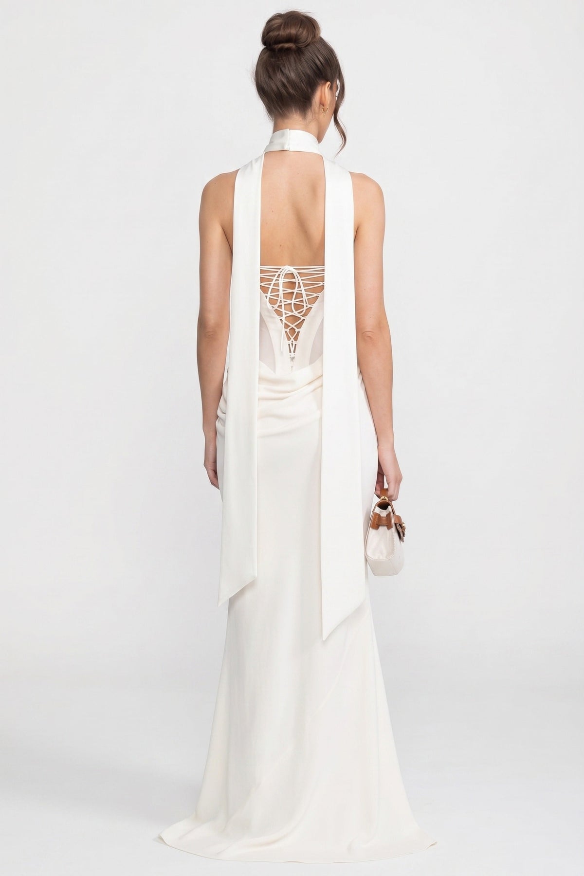 Strapless Draped Mermaid Maxi Gown with Cowl Neck and Sheer Scarf – White – view 5