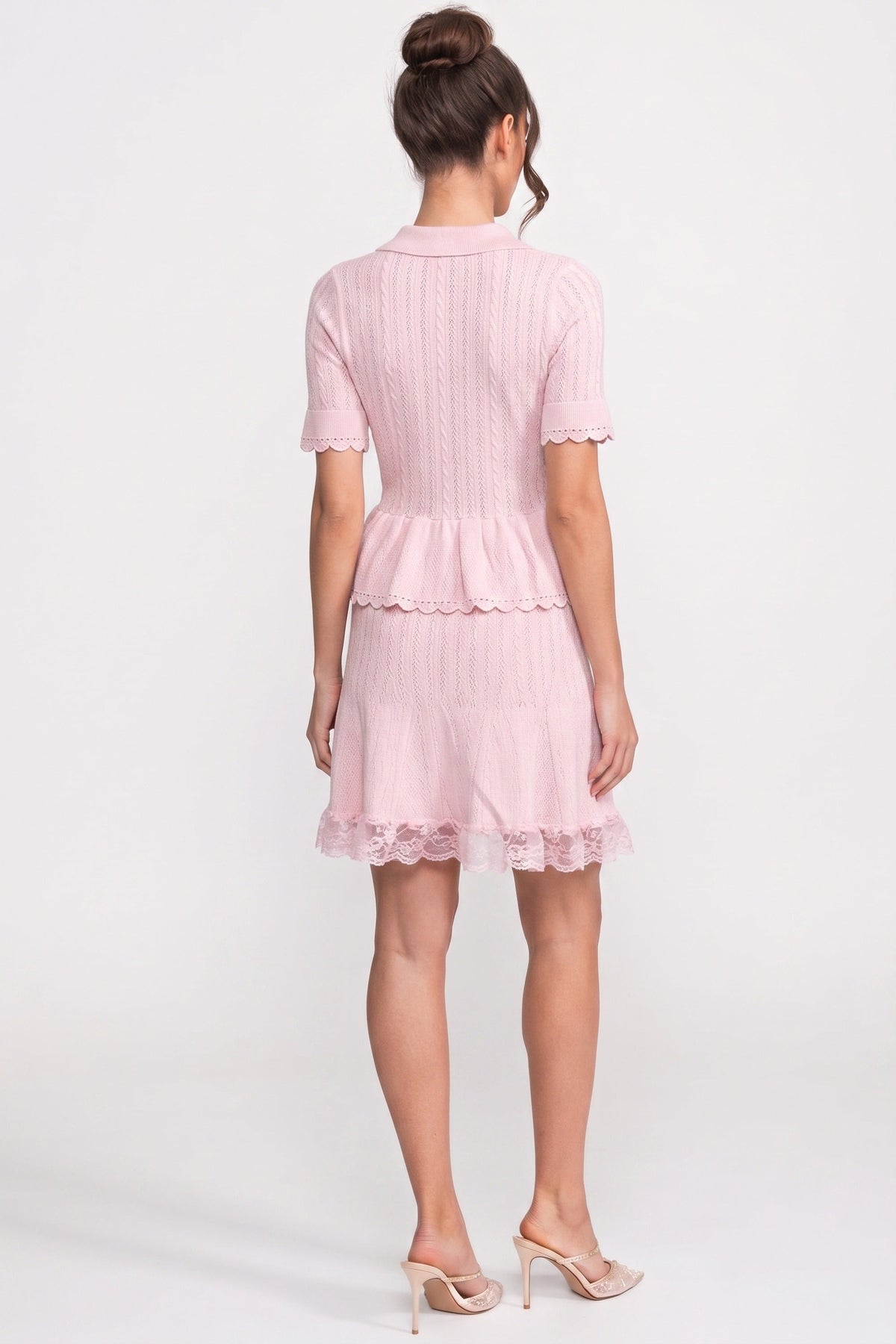 Polo Collar Ribbed Knit Peplum Top and Mini Skirt Set – Pink – view 6