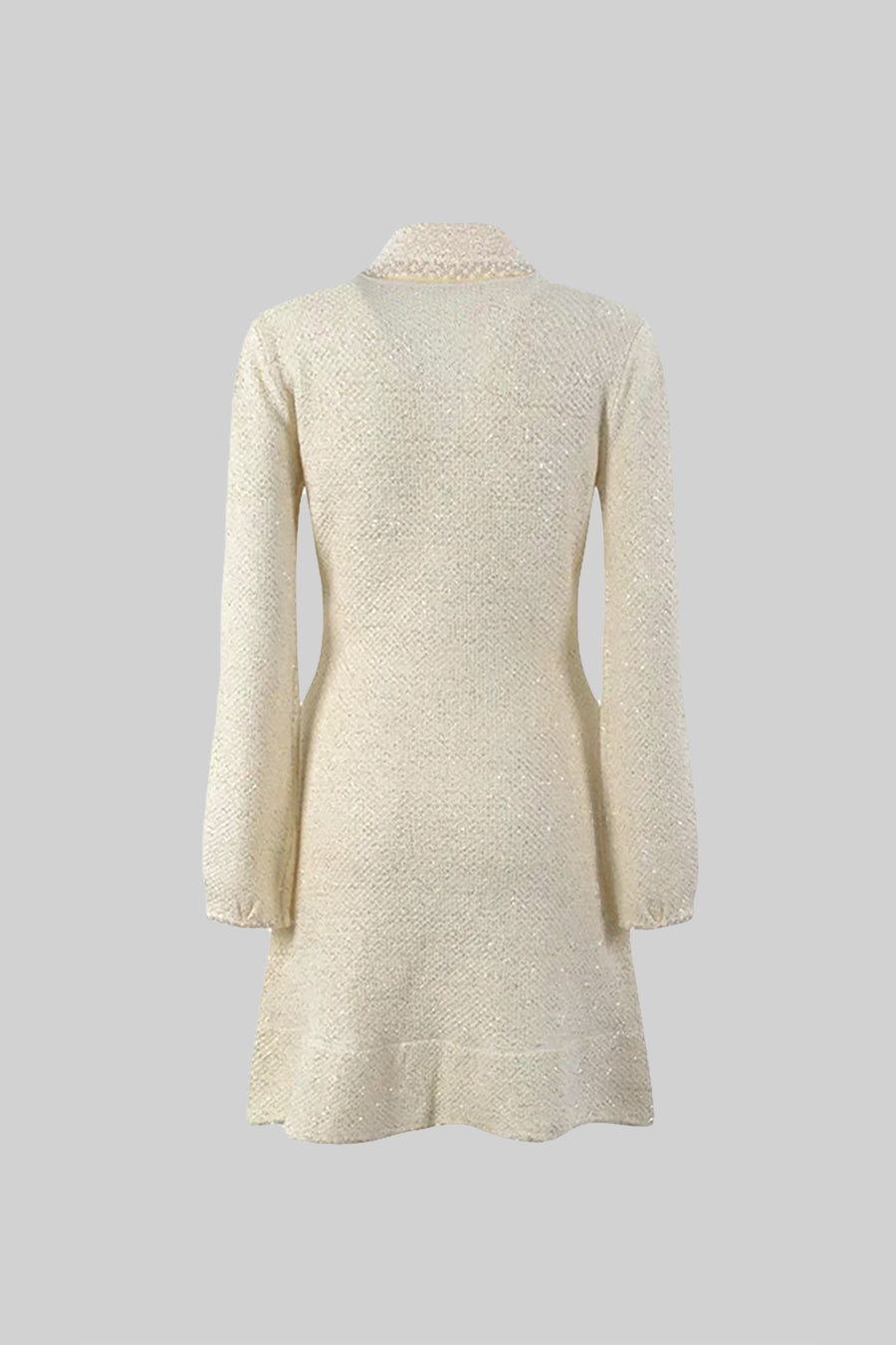 Long Sleeve Textured Knit Dress with Gold Flower Collar – Ivory – view 14
