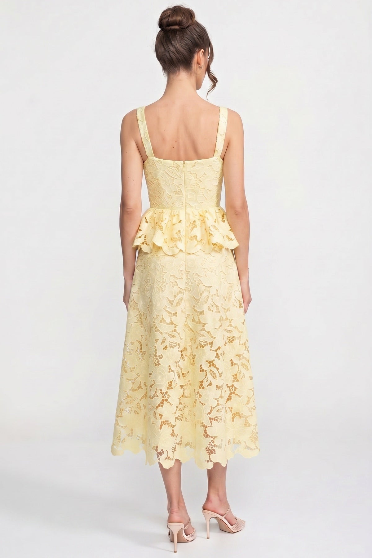 Sleeveless Lace Peplum Midi Dress with Square Neck – Yellow – view 10