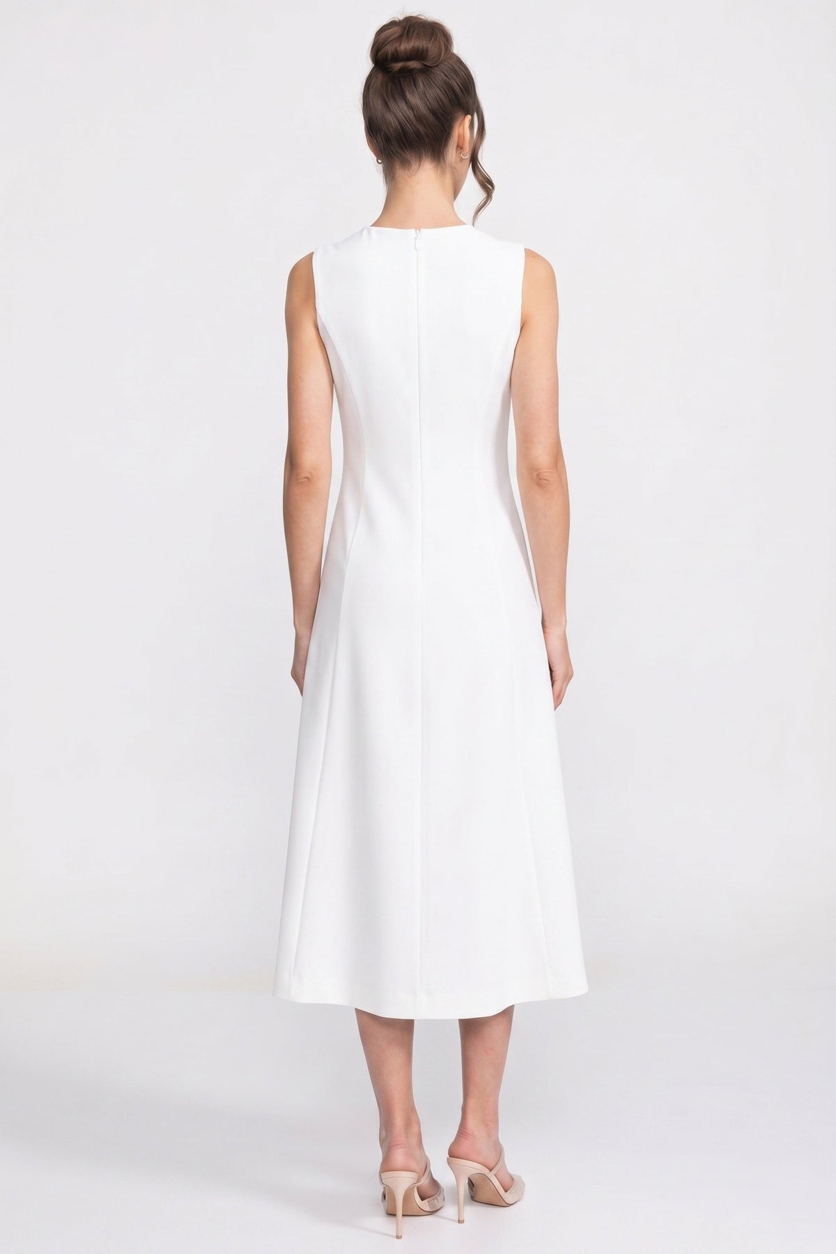 Round Neck Midi Dress with 3D Floral Appliqué and Full Skirt – White