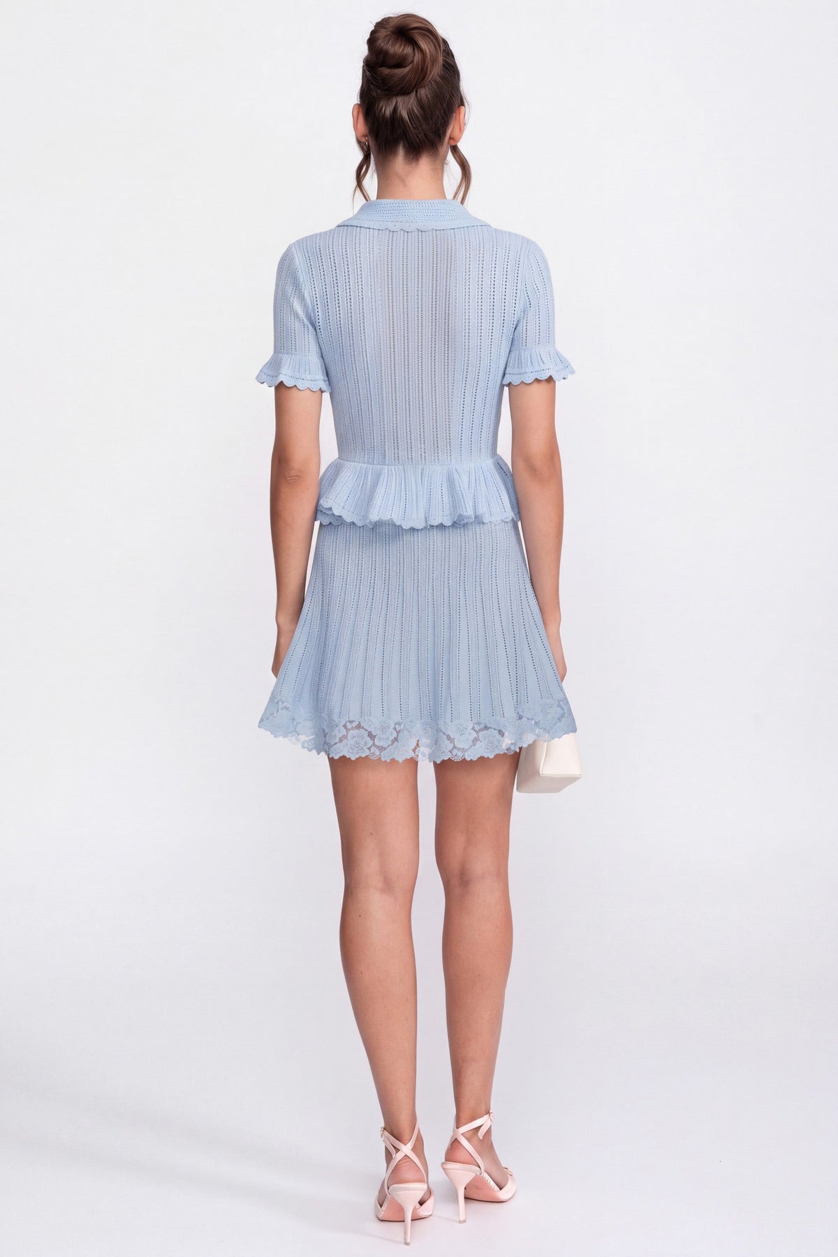 Polo Collar Ribbed Knit Peplum Top and Mini Skirt Set – Blue – view 6
