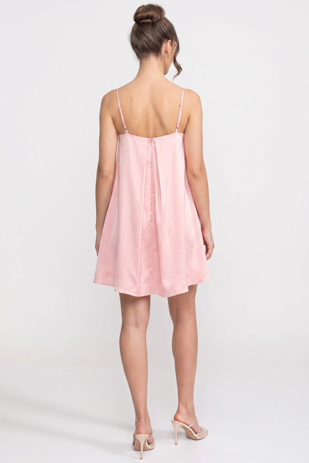 A-Line Mini Dress with Spaghetti Straps and 3D Camellia – Pink