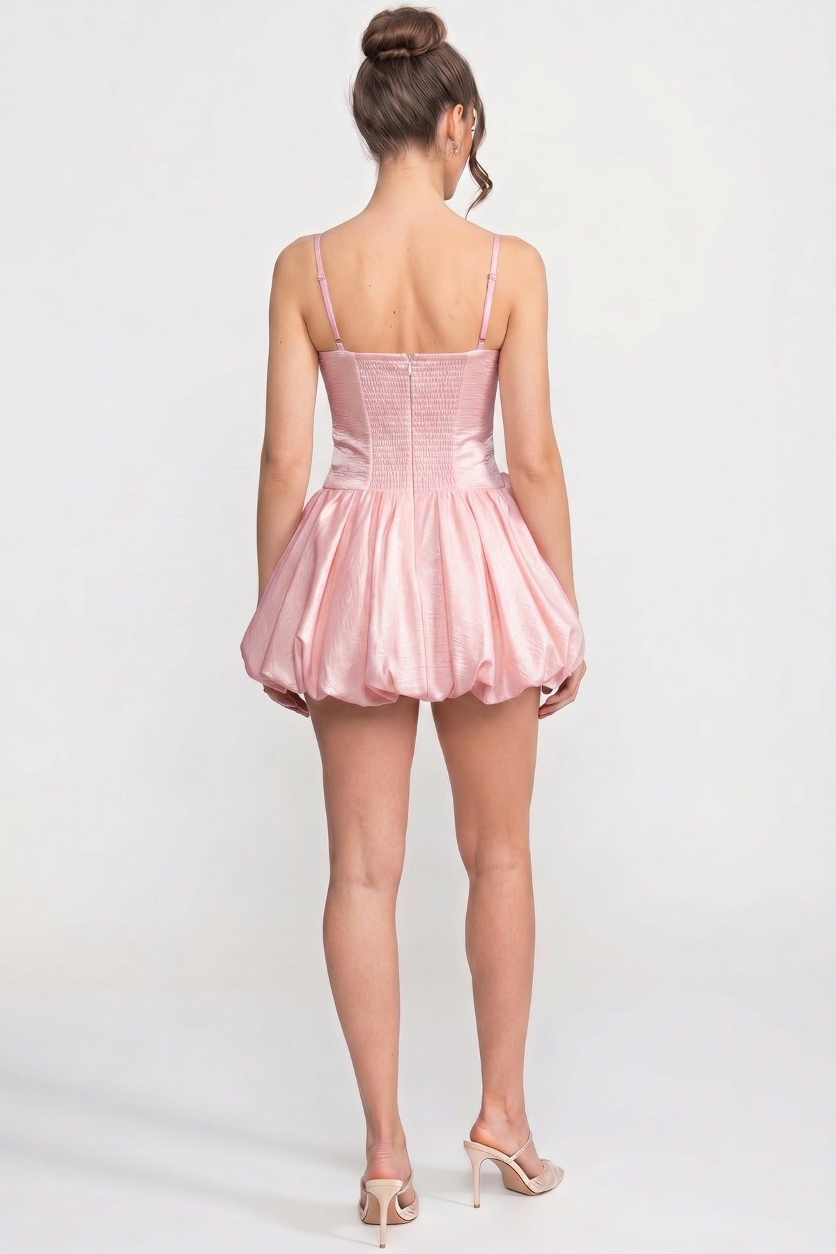 Velvet V-Neck Mini Dress with Spaghetti Straps and 3D Rose Skirt – Pink