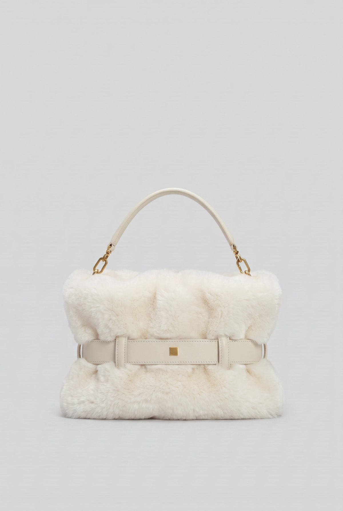 Faux Fur Top Handle Bag with Statement Belt Buckle – White