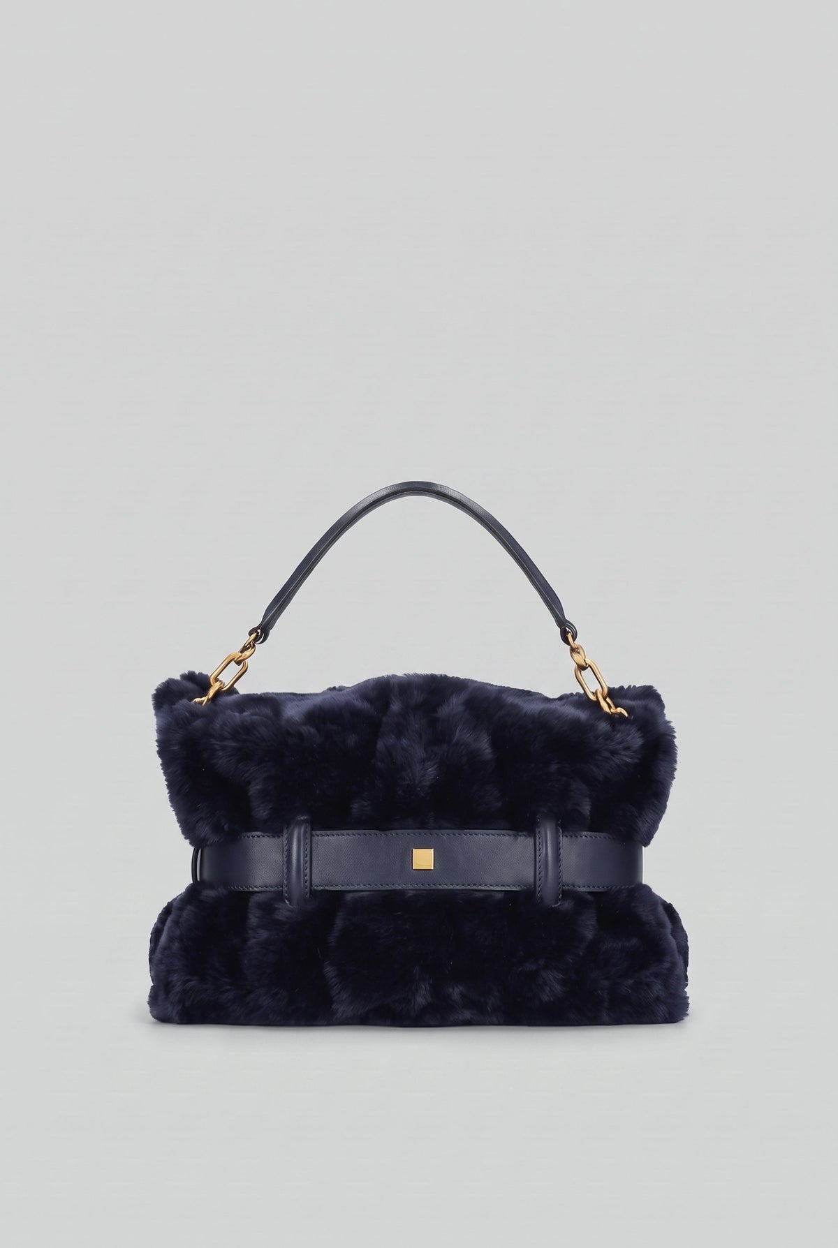 Faux Fur Top Handle Bag with Statement Belt Buckle – Dark Blue