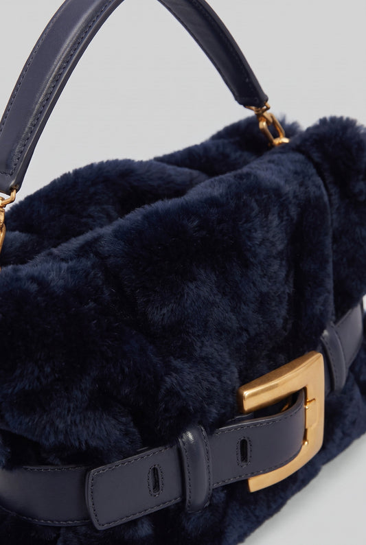 Faux Fur Top Handle Bag with Statement Belt Buckle – Dark Blue