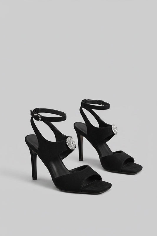 Suede-Effect Stiletto Sandals with Crystal Embellished Strap – Black – view 2