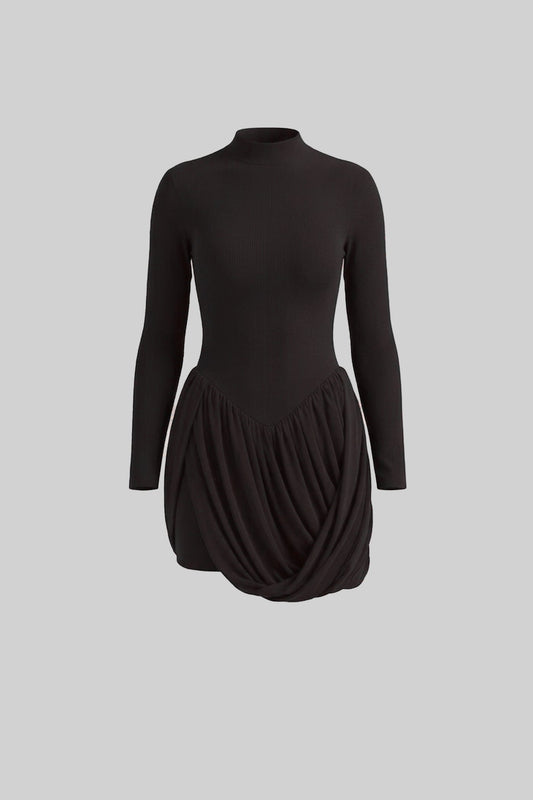 Mock Neck Long Sleeve Mini Dress with Draped Bubble Skirt – Black