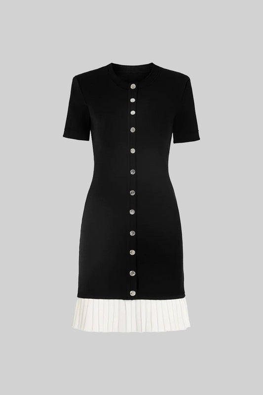 Knit Short Sleeve Mini Dress with Contrast White Pleated Hem – Black – view 2