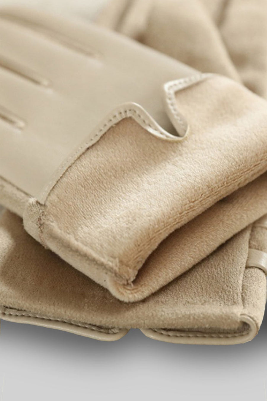 Vegan Leather and Faux Suede Gloves with Gold Buckle Detail – Beige – view 7