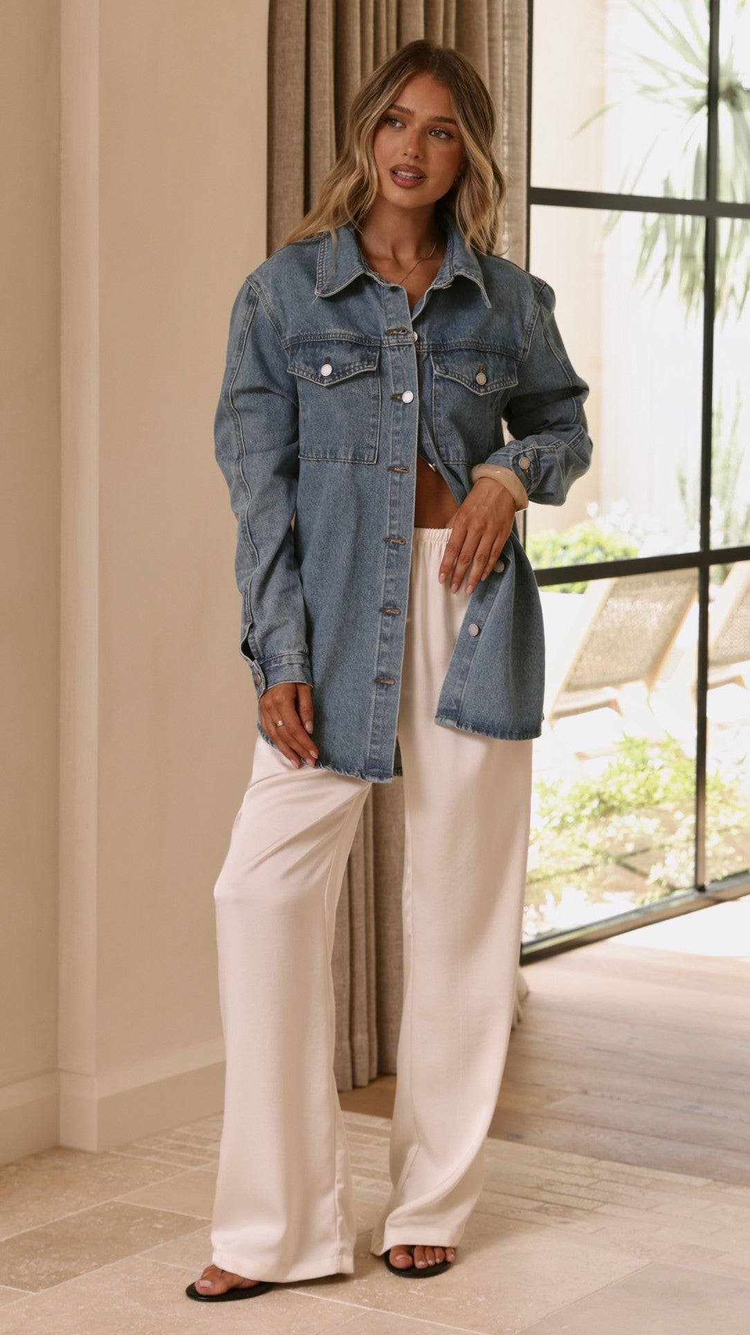 Yvella Collared Button-Up Denim Jacket – Mid Blue