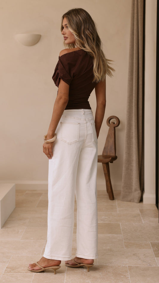 Macadrian High Waisted Wide Leg Stretch Jeans – White Denim – view 2