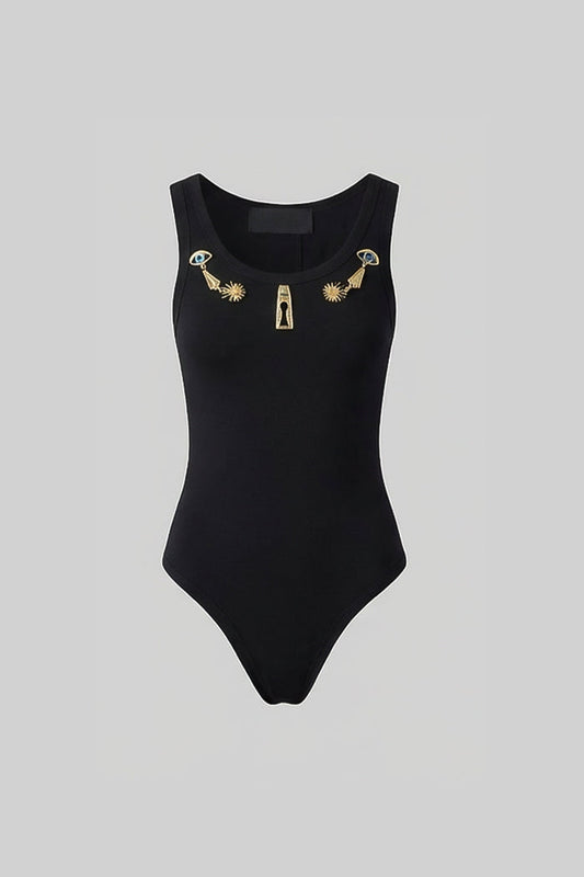 Embellished Sleeveless Scoop Neck Bodysuit with Gold Charms – Black