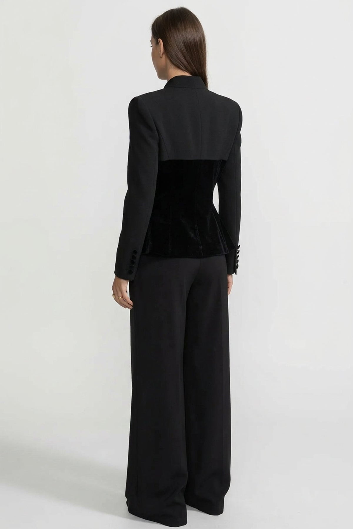 Plunge Neck Tailored Blazer with Velvet Corset-Style Panels – Black – view 4