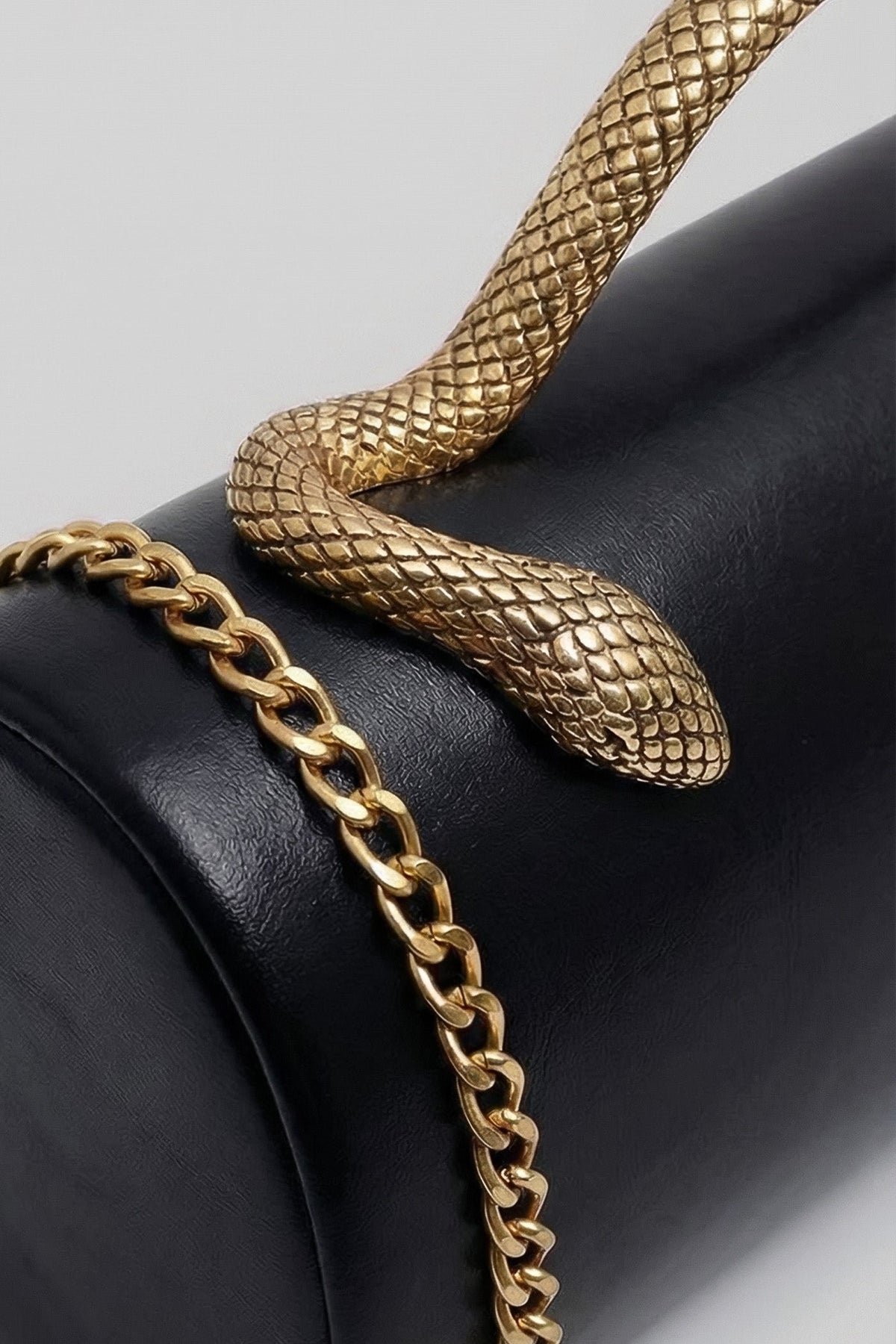 Structured Faux Leather Clutch with Snake Handle and Gold Chain – Black – view 4