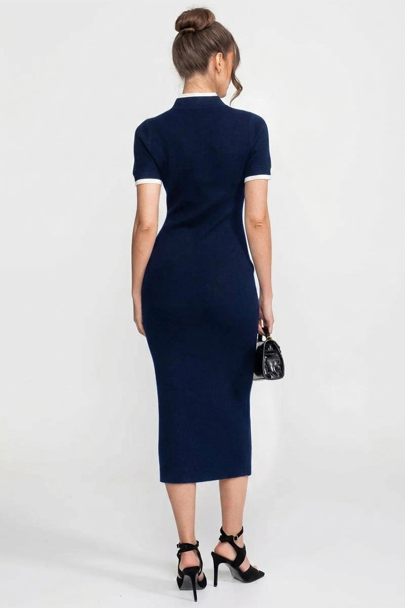 Fine Rib Knit Button-Through Midi Dress with Contrast Trim and Pockets – Navy – view 5