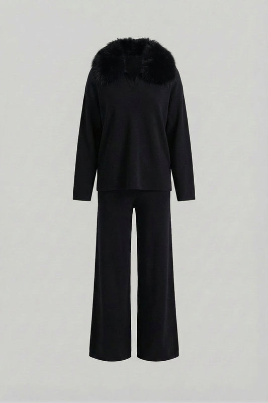 Knit Lounge Top and Straight Leg Trousers Set – Black – view 2