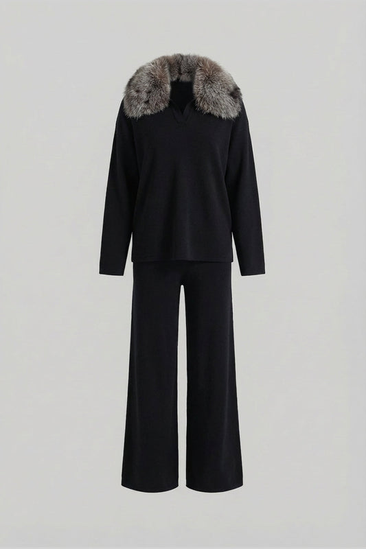 Knit Lounge Top and Straight Leg Trousers Set – Black/Grey – view 2