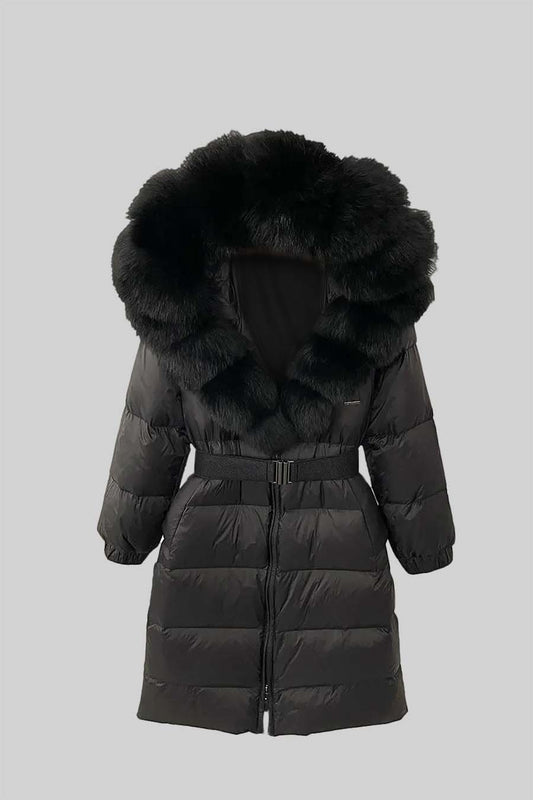Long Duck Down Puffer Jacket with Black Lined Hood – Black