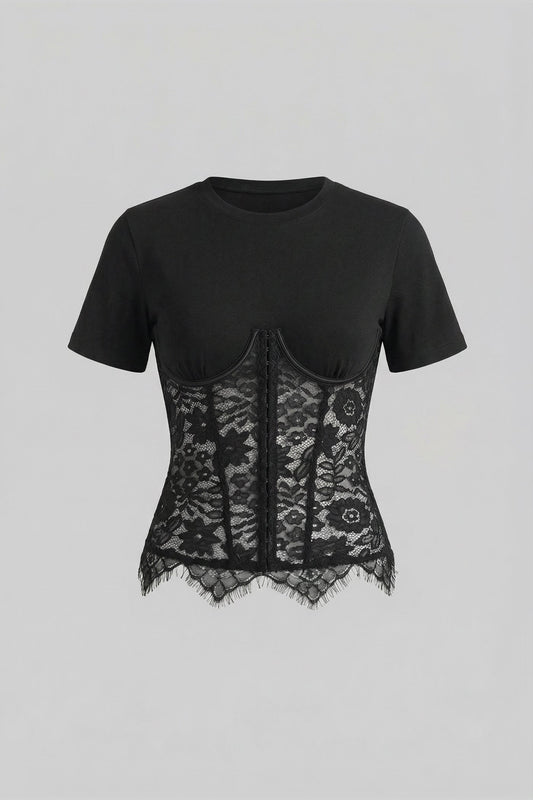 Short Sleeve Jersey Top with Lace Corset Overlay – Black – view 2