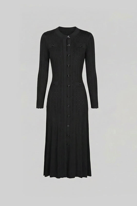 Pointelle Knit Button-Front Midi Dress with Keyhole Neck – Black – view 2