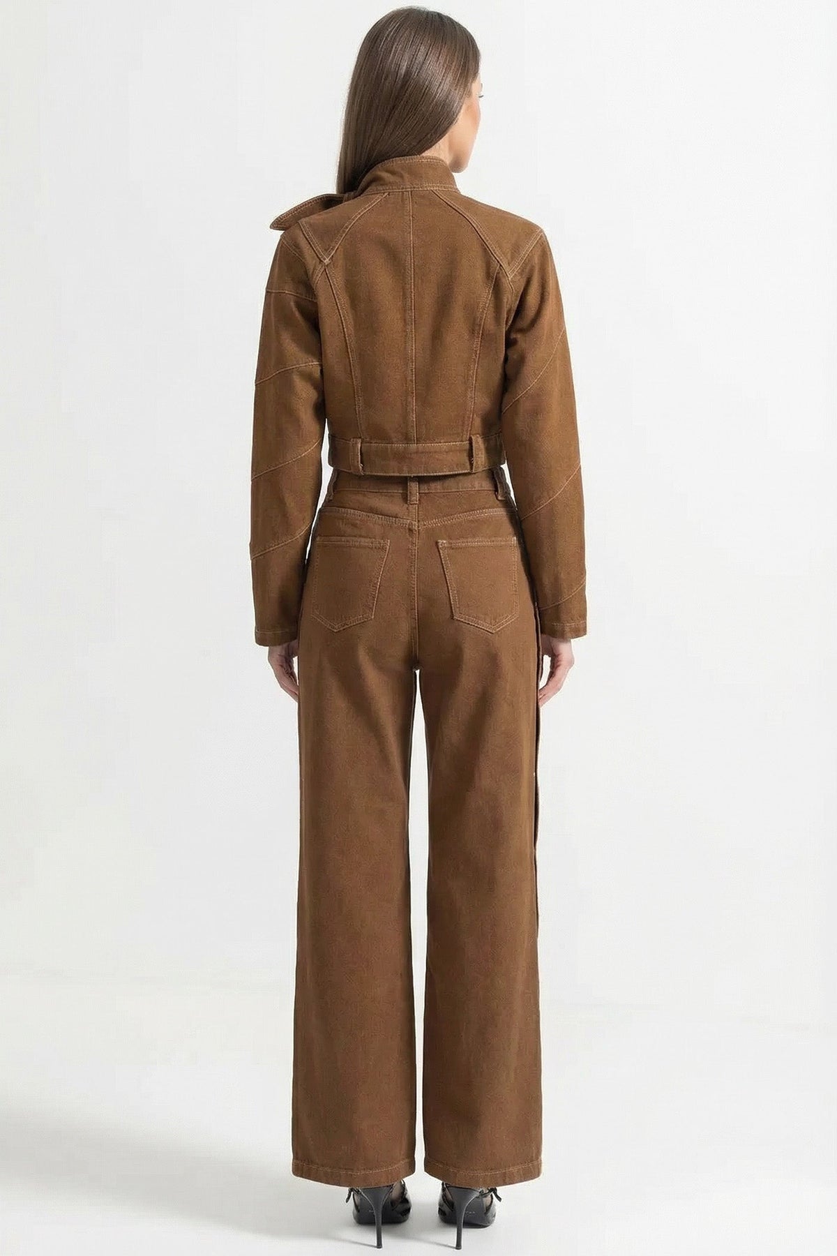 Suede Tie-Neck Cropped Jacket and Wide Leg Trousers Co-ord Set – Brown – view 6