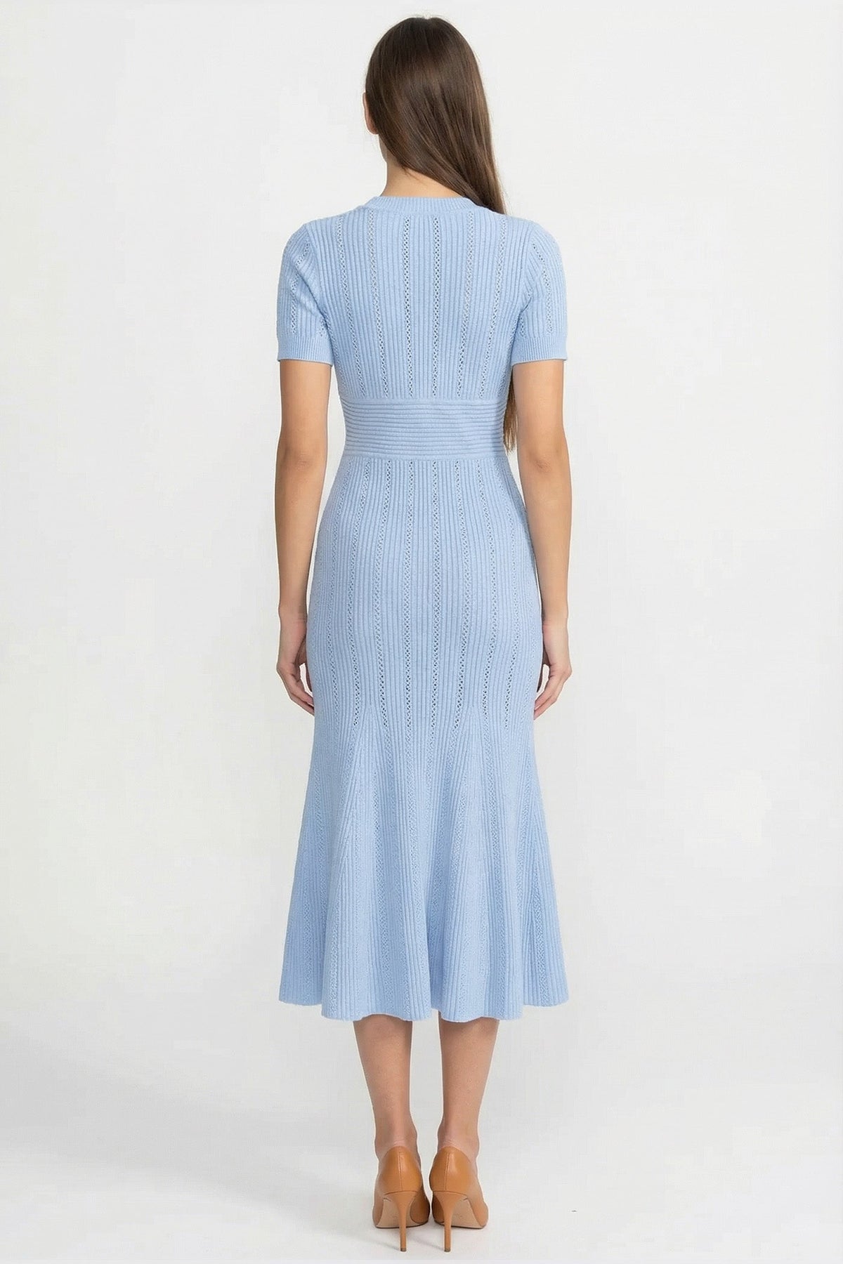 Ribbed Knit Deep V-Neck Short Sleeve Midi Dress with Gold Buttons – Blue – view 6
