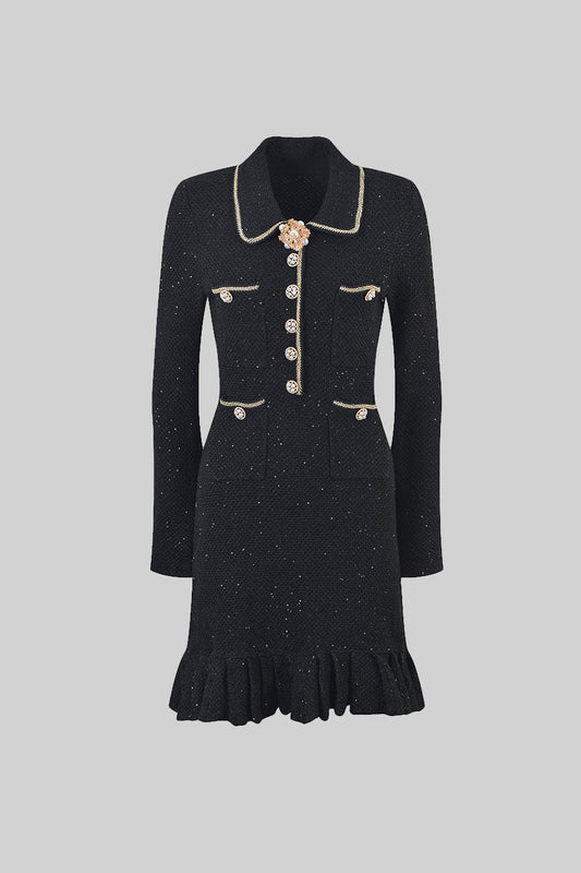 Long Sleeve Textured Knit Dress with Gold Flower Collar – Black