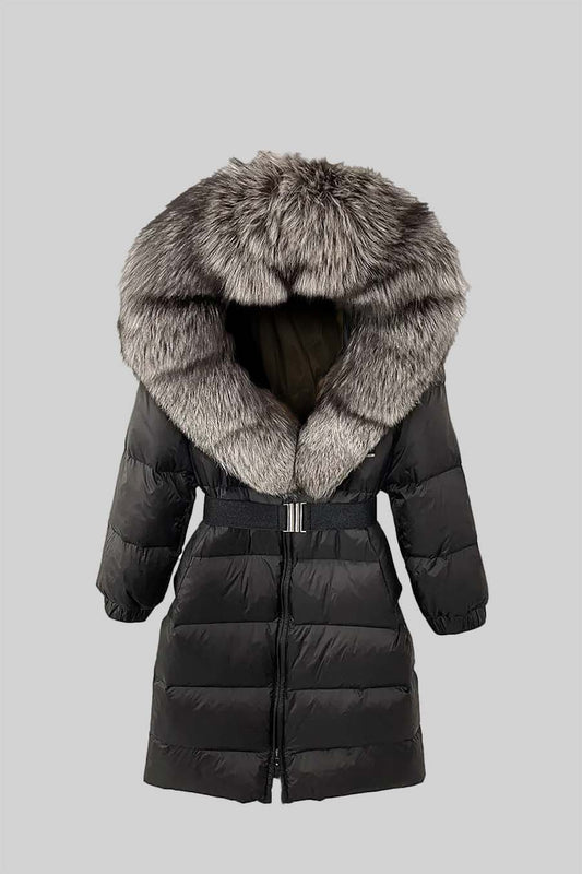 Long Duck Down Puffer Jacket with Grey Lined Hood – Black