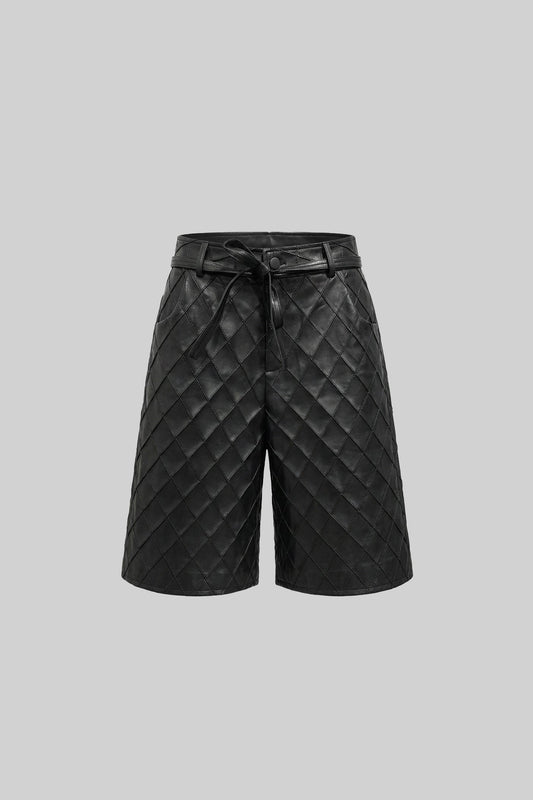 Quilted Faux Leather High Waisted Shorts with Self-Tie Belt – Black – view 2