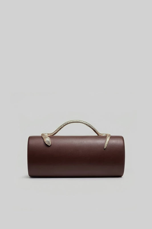 Structured Faux Leather Clutch with Snake Handle and Gold Chain – Brown – view 2