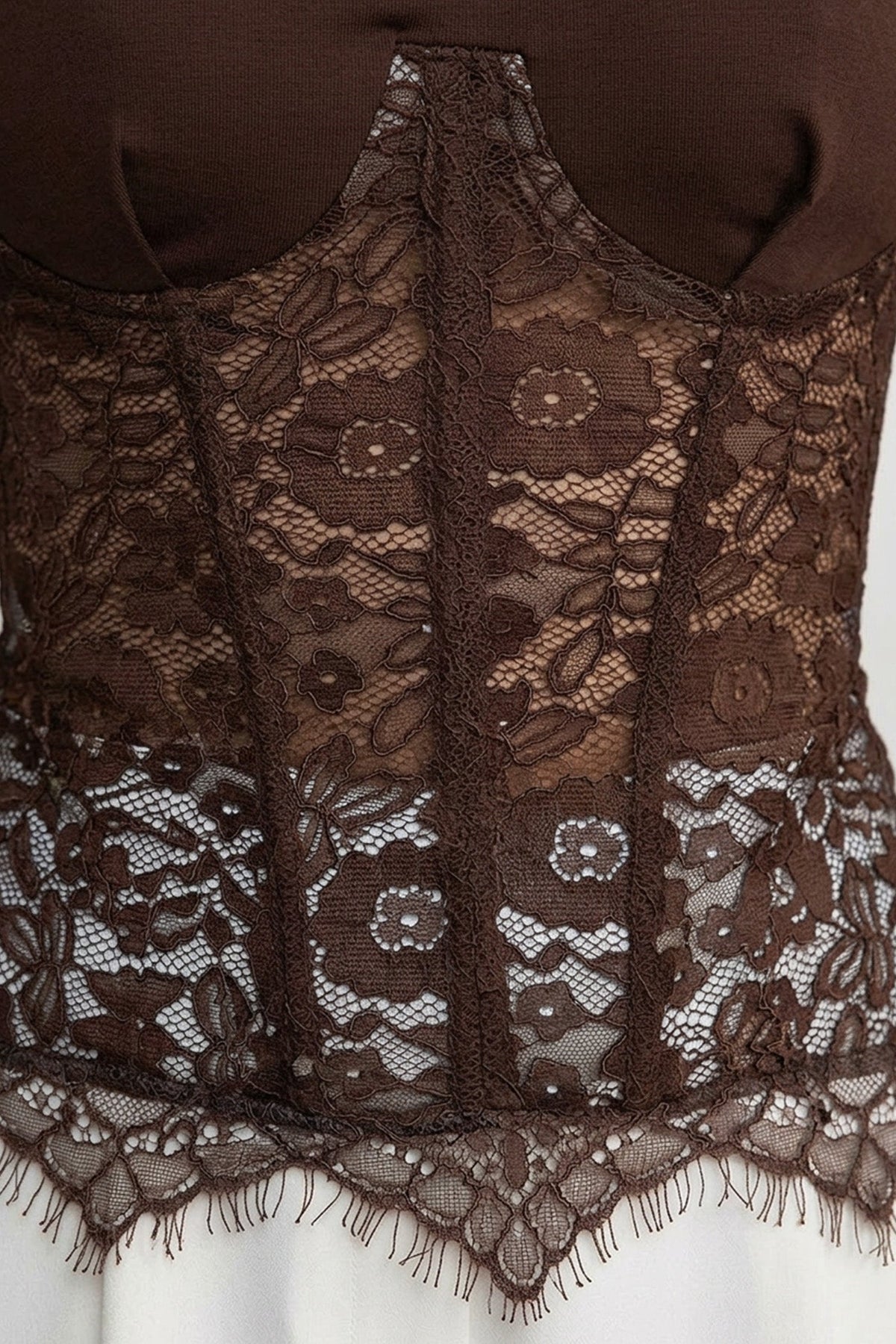 Lace Corset Overlay Round Neck Short Sleeve Top – Brown – view 3