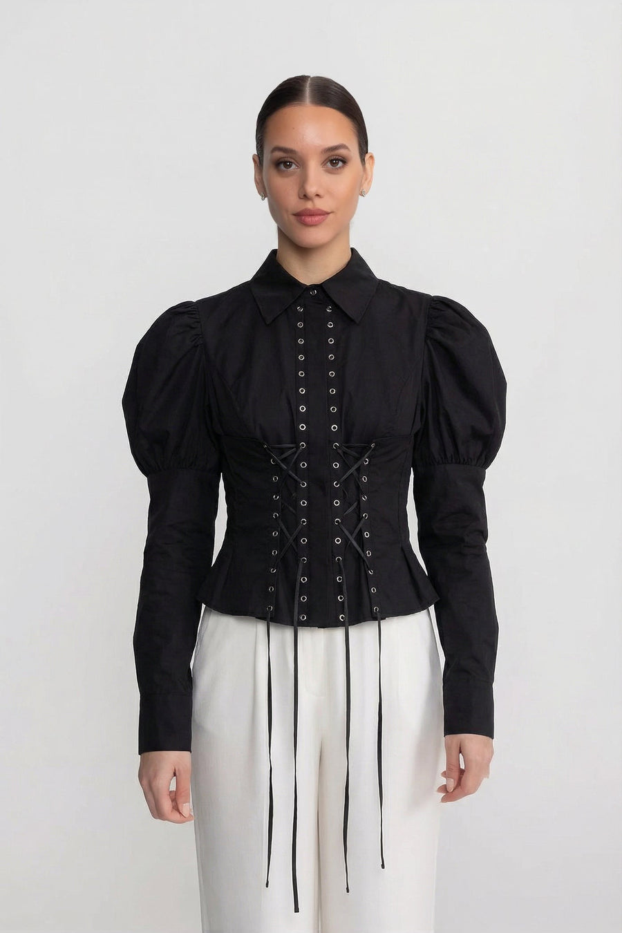 Puff Shoulder Corset Lace-Up Shirt with Peplum Hem – Black