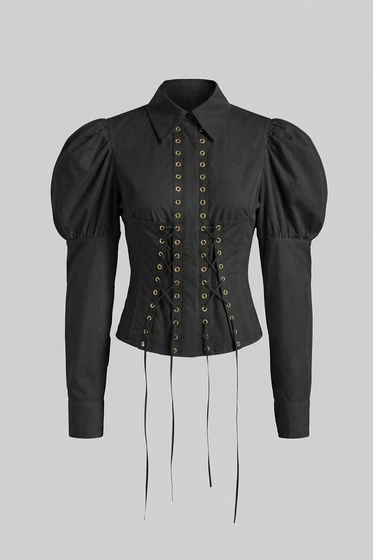 Puff Shoulder Corset Lace-Up Shirt with Peplum Hem – Black