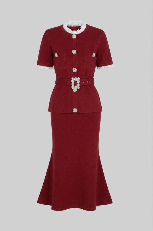 Peplum Knit Top and Fluted Midi Skirt Set with Crystal Belt – Burgundy – view 2