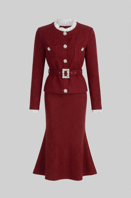 Lace Trim Knit Cardigan and Midi Skirt Co-ord with Crystal Buttons – Burgundy