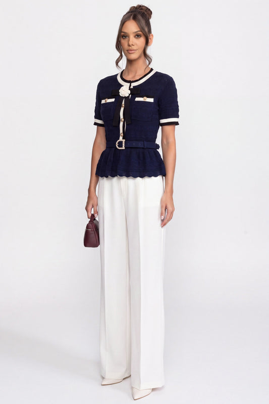 Peplum Knit Top with Contrast Sailor Collar and Pearl Buttons – Navy – view 2